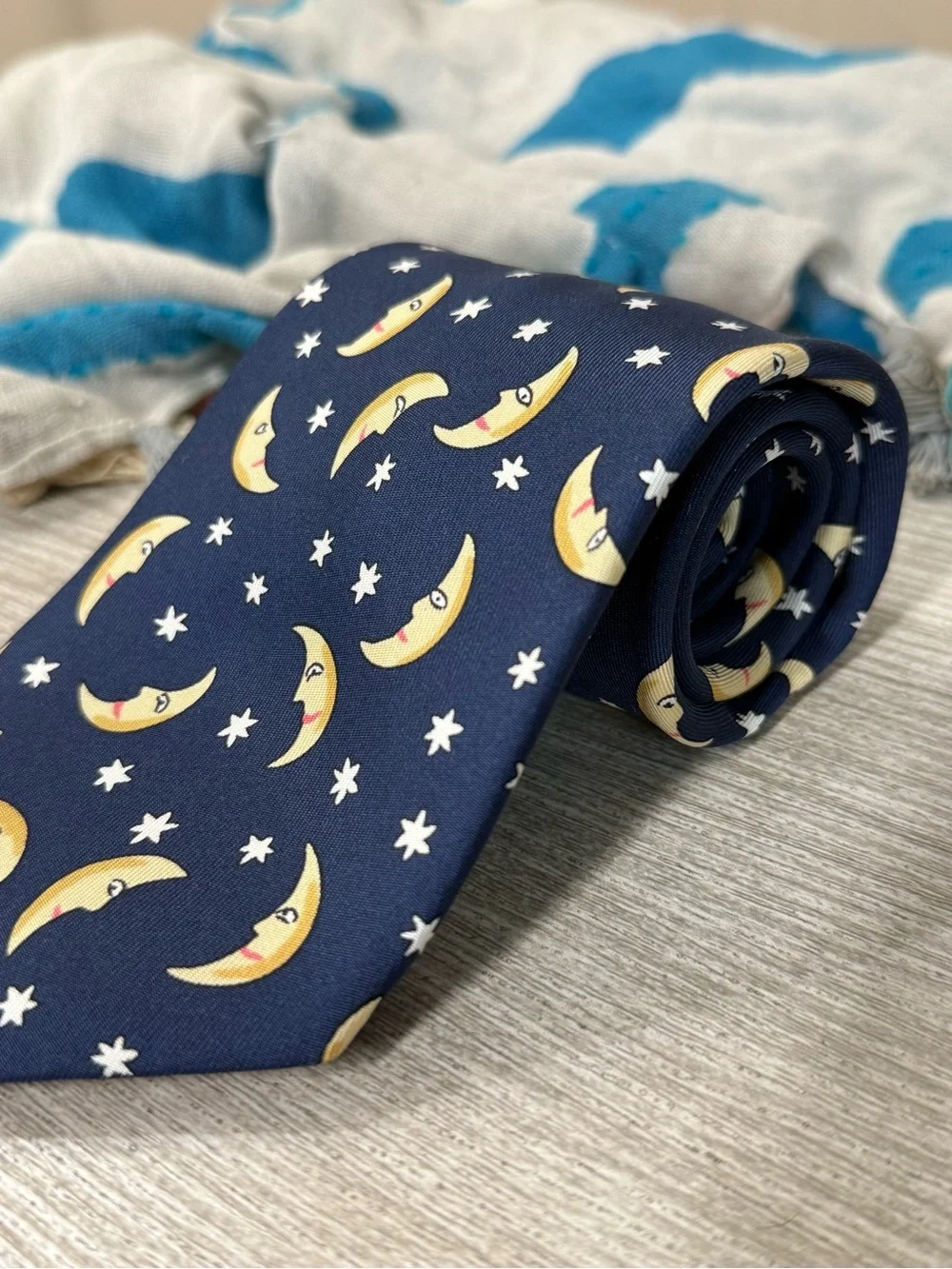 Vintage Hermes Silk Tie with Crescent Moon & Stars Pattern